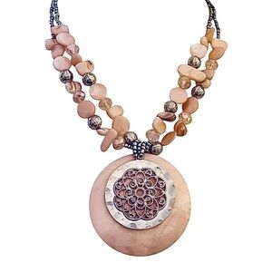 Blush Gray Silver Beaded Statement Necklace Acrylic Medallion | Holiday Gift